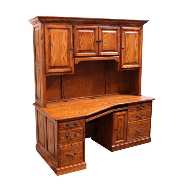 Winners Only Solid Oak Rustic Early American Country Style 74" Computer Desk W. Cabinet Storage Top For Sale - Image 4 of 18