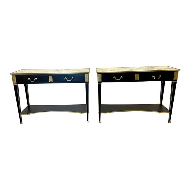 Pair of Hollywood Regency Neoclassical Ebony Console Tables, Manner Jansen For Sale