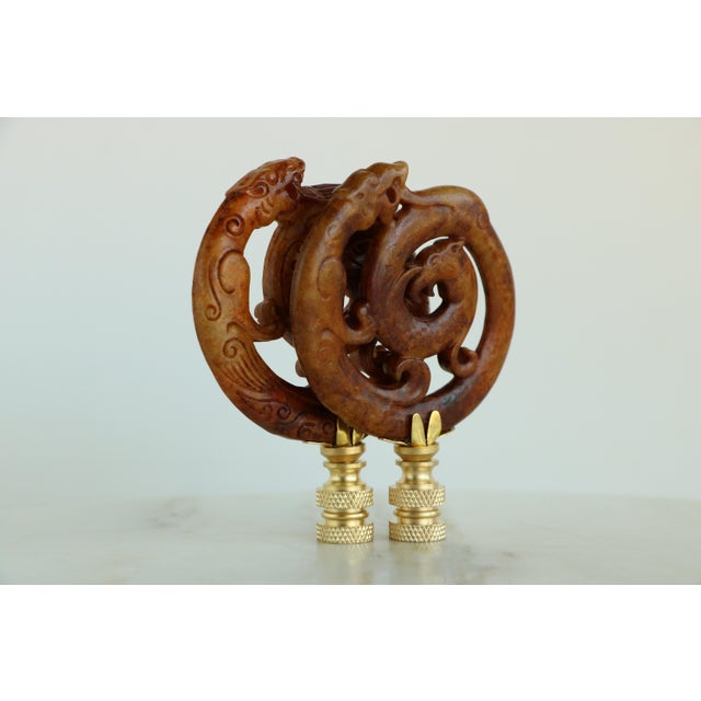 Brown Chinese Dragon Ouroboros Lamp Finials on Brass Hardware - A Pair For Sale - Image 8 of 9