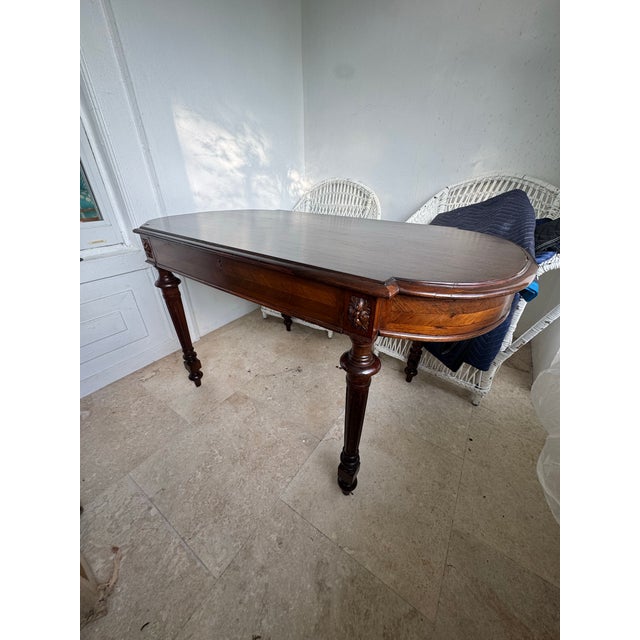 French Antique French Louis XVI Napoleon III Writing Table Desk ~1880 Herringbone Veneer Carved Rosettes Oval For Sale - Image 3 of 9