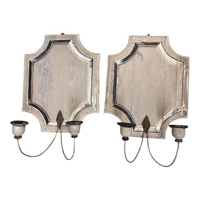 Pair of Vintage French Country Distressed Wooden Wall Sconces For Sale