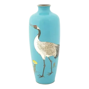 Antique Meiji Japanese Cloisonne Turquoise Enamel Crane Vase Signed Ota