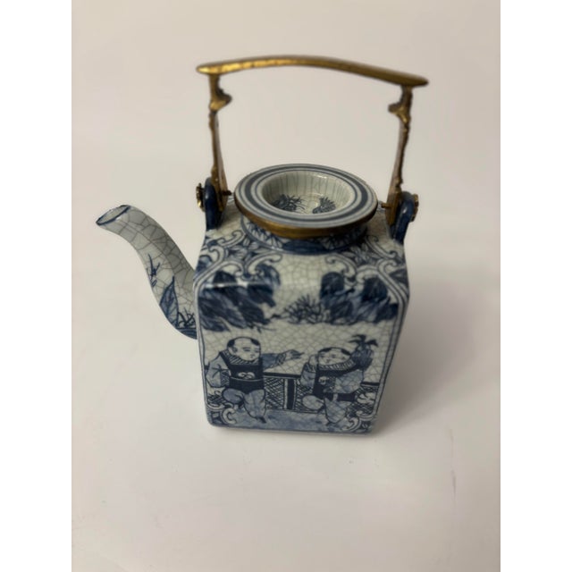 Vintage Chinese Blue and White Porcelain Teapot With Brass Handle For Sale In Kansas City - Image 6 of 8