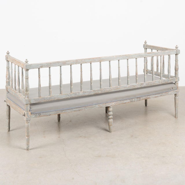 19th Century Swedish Gustavian Original Blue Gray Painted Pine Bench For Sale - Image 18 of 18