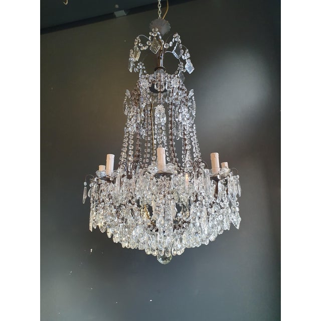 Art Deco Beaded Brass Crystal Chandelier Antique For Sale - Image 3 of 11