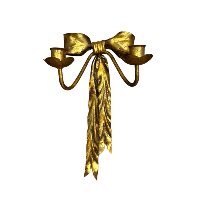Vintage Italian Gilt Tole Gold Bow Wall Sconces / Candle Holders, a Pair For Sale - Image 4 of 6