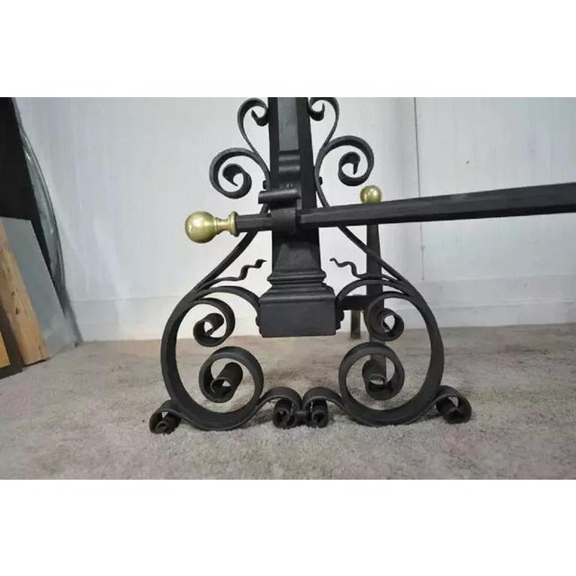 Antique Mission Arts & Crafts Scrolling Wrought Iron & Brass Large Andiron Set For Sale In Philadelphia - Image 6 of 10