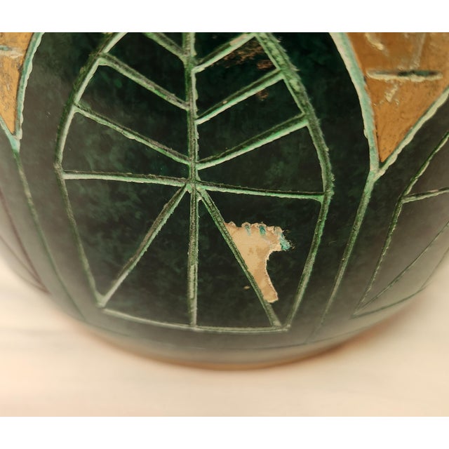 Pair Large Postmodern Vintage Green and Gold Floor Vases For Sale - Image 12 of 13