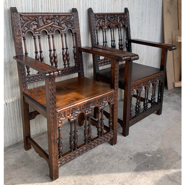 Spanish 19th Century Spanish Colonial Altar Carved Armchairs With Wood Seat - a Pair For Sale - Image 3 of 8