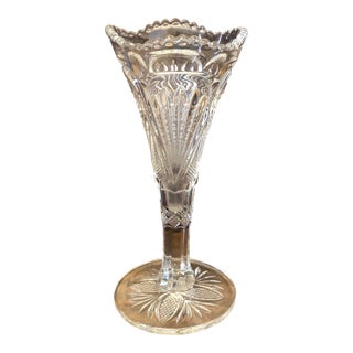 1900s Early American Pressed Glass Trumpet Vase - Star and File Pattern For Sale