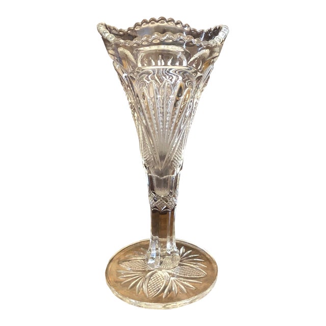1900s Early American Pressed Glass Trumpet Vase - Star and File Pattern For Sale