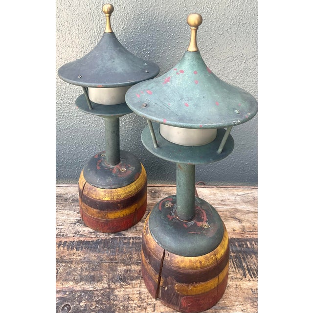 Vintage Mid-Century Modern Patinated Lighthouse Lamps - A Pair For Sale - Image 4 of 5