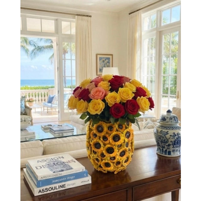 Vintage Majolica Sunflower-Adorned Ceramic Vase For Sale In West Palm - Image 6 of 12