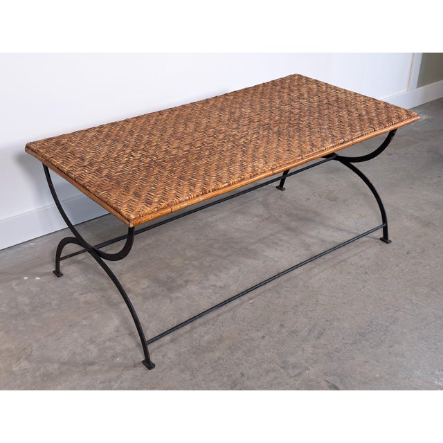 Wood Vintage Woven Herringbone Rattan Top and Wrought Iron Folding Coffee Table For Sale - Image 7 of 10
