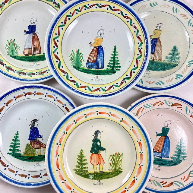 Blue Hb Quimper Grand Maison Breton Woman in Orange, Blue & Brown Dress - Circa 1910 For Sale - Image 8 of 8