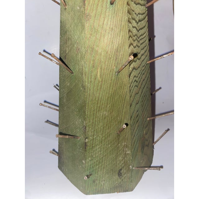 1920s Colonial Williamsburg Apple Tree Cone Centerpiece Wood Fruit Cone Vintage Brutalist Art. Handmade Green-Painted Wooden Cone Hammered Nails. For Sale - Image 10 of 10