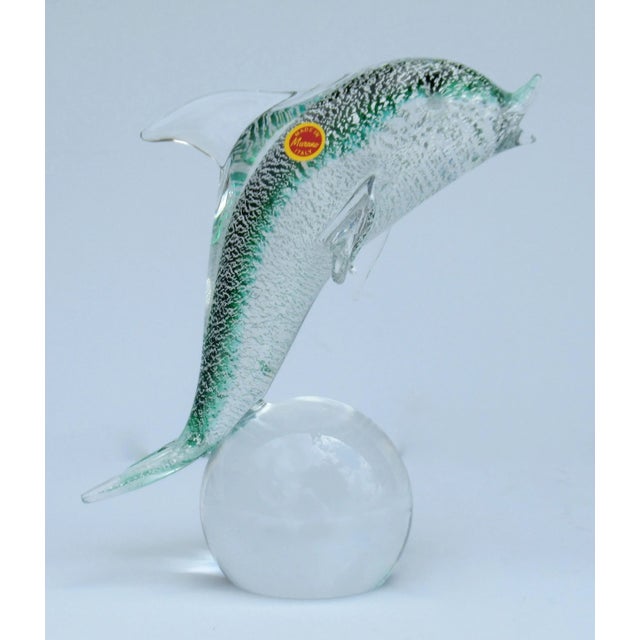 C.1970's Italian Hand-Blown Large Alfredo Barbini Murano Dolphin Suspended on a Clear Round Orb Murano Base For Sale - Image 13 of 13