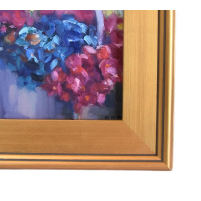 Contemporary original one-of-a-kind impressionist oil painting of a bouquet of flowers in a vase on the artist's canvas...