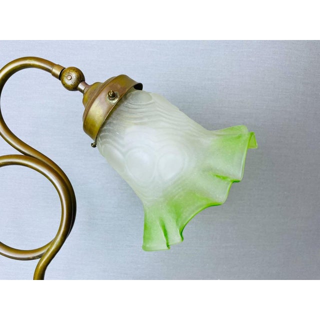 Portuguese Brass Table Lamp with Green Glass Tulip Shade, 1930s For Sale - Image 10 of 14