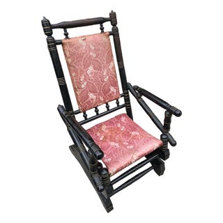 1800s Spool Wooden Rocking Chair With Red Cushions For Sale