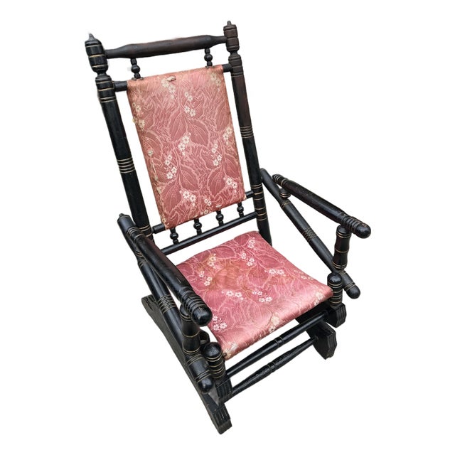 1800s Spool Wooden Rocking Chair With Red Cushions For Sale