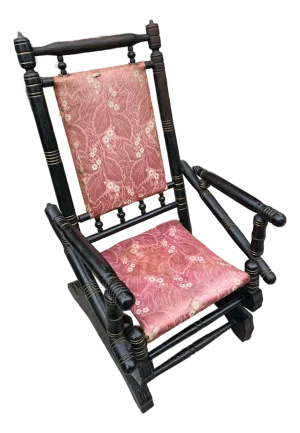 1800s Spool Wooden Rocking Chair With Red Cushions