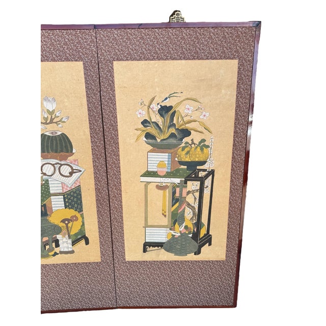 Vintage Authentic Korean Chaekgeori Munbangdo Four Panel Scholar Screen For Sale - Image 11 of 12
