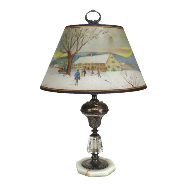Antique Pairpoint Reverse Painted Table Lamp With Metal Chipped Ice Base C1920 For Sale
