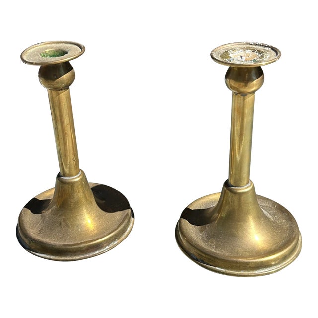 1970s Pair of Short Brass Candle Holders For Sale
