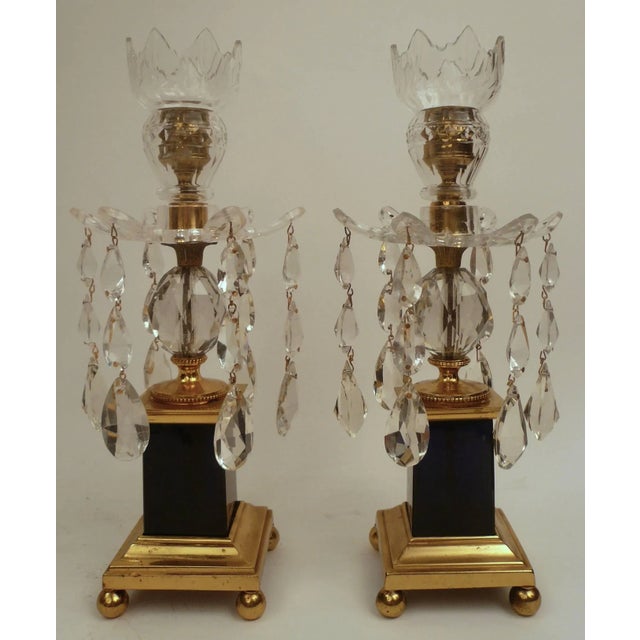 Traditional George III Style Gilt Bronze Cobalt Blue Glass and Crystal Candlesticks - A Pair For Sale - Image 3 of 11