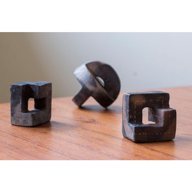Set of three stoneware sculptures by unknown Danish artist. Made by hand. Geometrical shapes with shifting mate glazes....
