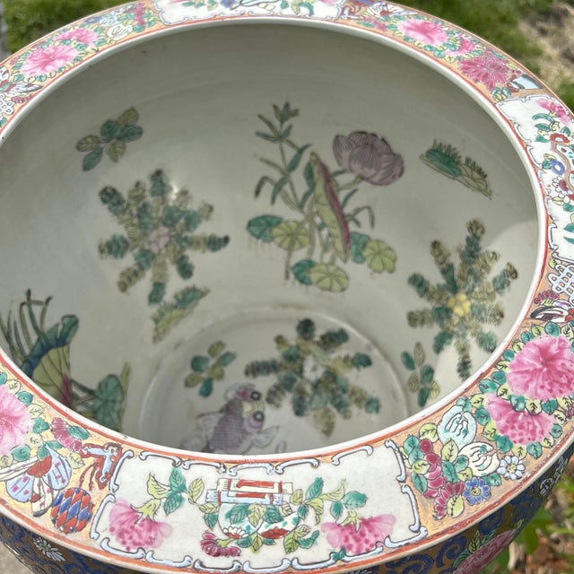 Vintage Large Porcelain Hand Painted Medallion Chinese Famille Rose Fishbowl /Jardiniere For Sale - Image 11 of 12
