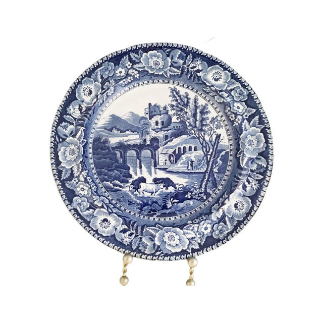 Antique Ruined Castle and Bridge Pattern Blue & White Transfer Plate For Sale - Image 10 of 10