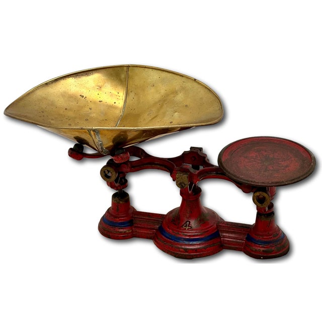 Nice Antique American Victorian Cast Iron & Brass Small Size Kitchen Scale With Excellent Original Red & Blue Paint For Sale In Boston - Image 6 of 18