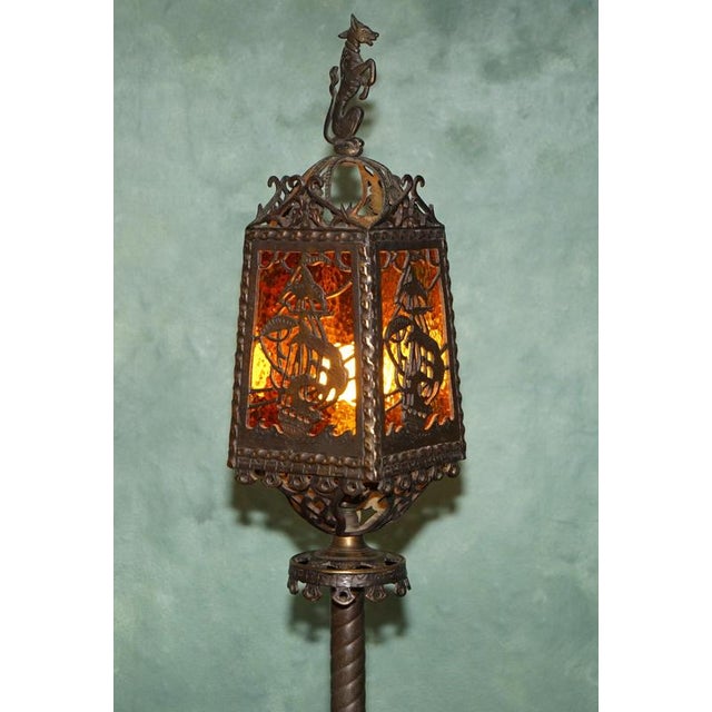 American Gothic Revival Bronze and Amber Glass Ship Lantern Floor Lamps, 1920, Set of 2 For Sale - Image 15 of 18