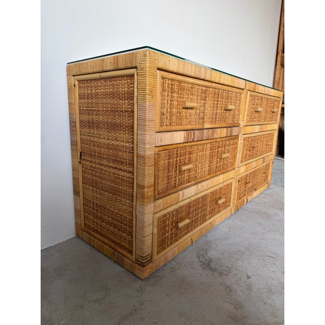 Vintage Coastal Rattan & Wicker Six-Drawer Dresser With Glass Top For Sale - Image 4 of 12