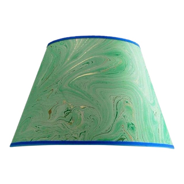 Green Marbled Paper Lampshade with Cobalt Trim - 12” x 18” x 12” For Sale