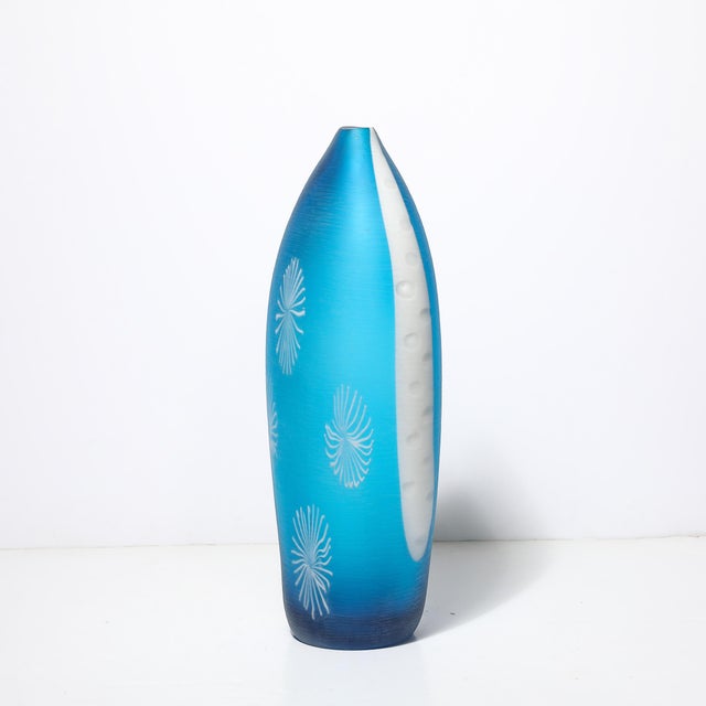 Mid-Century Hand-Blown Cerulean Blue Murano Glass Vase W/ Battuto Texturing For Sale In New York - Image 6 of 16