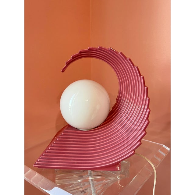 1980s Art Deco Revival Pink Ceramic Wave Lamps - a Pair For Sale - Image 9 of 13