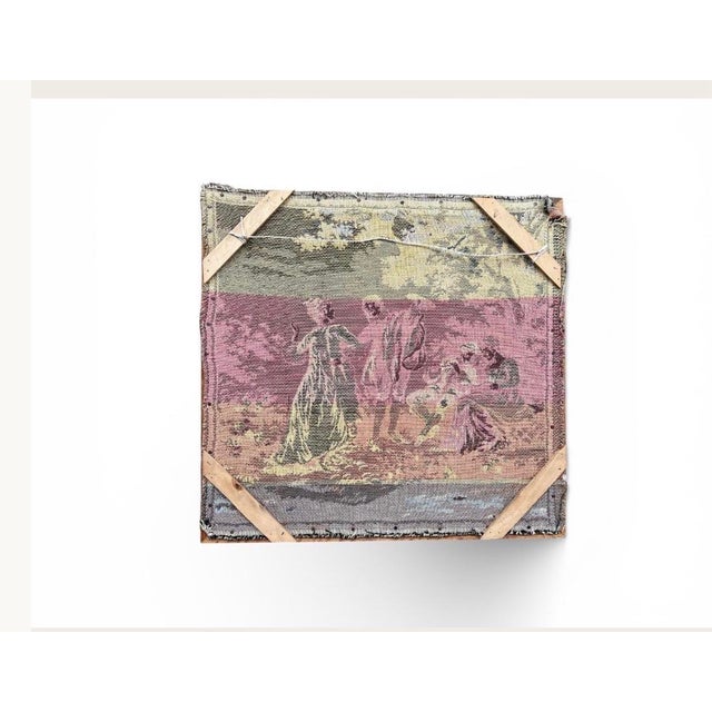 French Provincial Vintage Framed French-Style Fête Galante Tapestry – Pastoral Scene in Rustic Wood Frame For Sale - Image 3 of 5