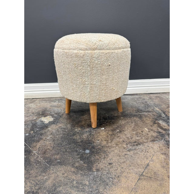 1960s Vintage Handwoven Hemp Pouf Beige & Teal 1960s For Sale - Image 5 of 6