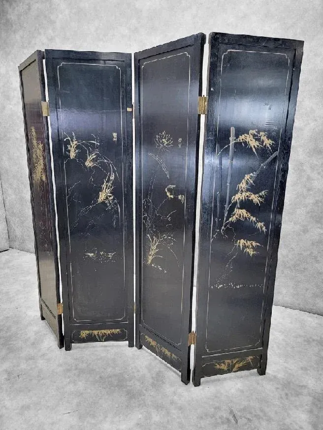 Antique Mother of Pearl & Hand Painted Asian 4 Panel Privacy