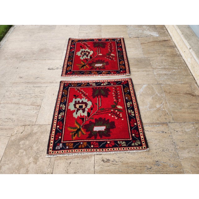 Ruby Red 1970s Small Turkish Floral Rug - a Pair For Sale - Image 8 of 8