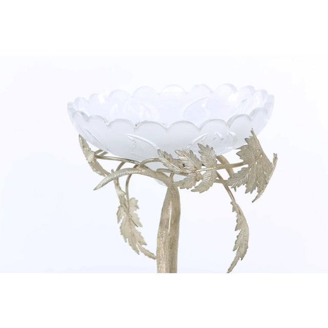 English silver plate holding base stand with leaf design detail branches and cut crystal bowl tableware serving piece /...