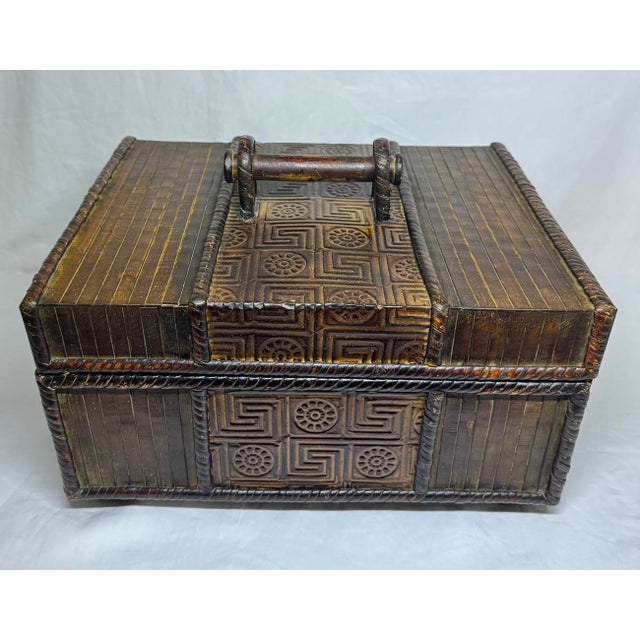 Chinese Mid 20th Century Chinese Bamboo Coiled Rattan Wood Box Embossed Patterning For Sale - Image 3 of 12