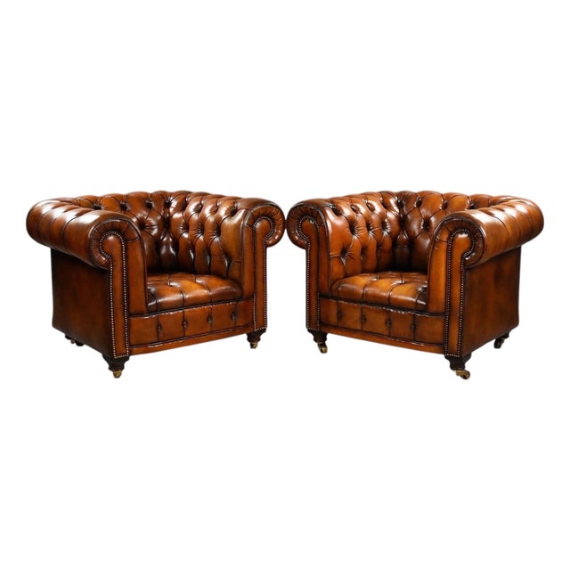 Vintage Chesterfield Club Chairs in Brown Leather, 1930, Set of 2 For Sale