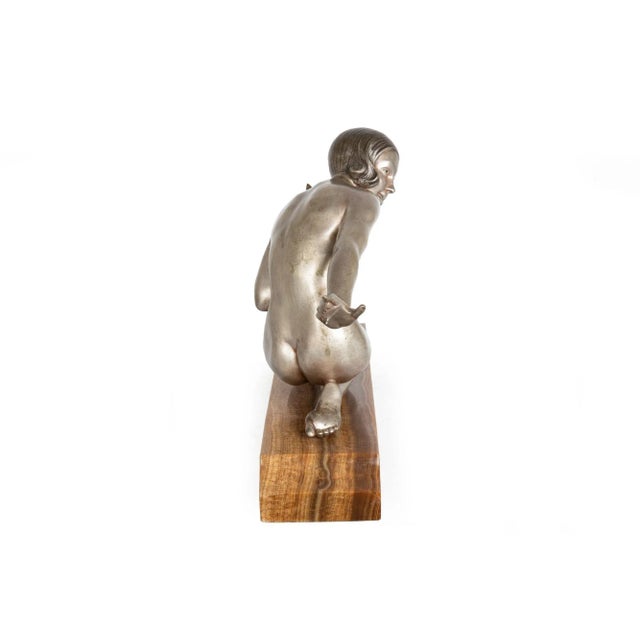 Early 20th Century French Art Deco Silvered Bronze Sculpture “Woman W/ Bird” by Armand Godard For Sale - Image 5 of 13