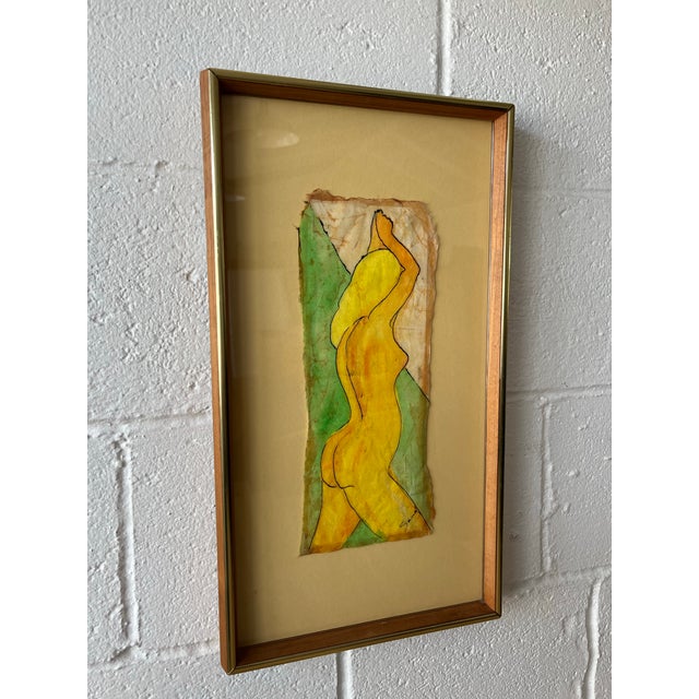 A striking mid-century modern figural study rendered in expressive mixed media batik painting, presented in a refined...