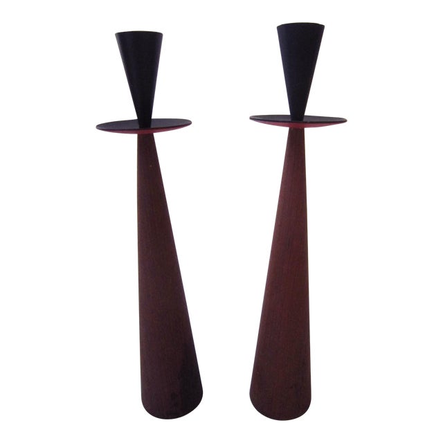 Mid Century Danish Teak Candlesticks, Pair For Sale