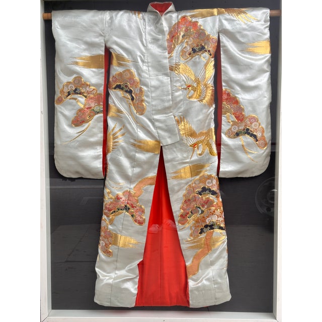 Japanese Mid 20th Century Framed Japanese Wedding Kimono With Silk Embroidered Decoration For Sale - Image 3 of 8